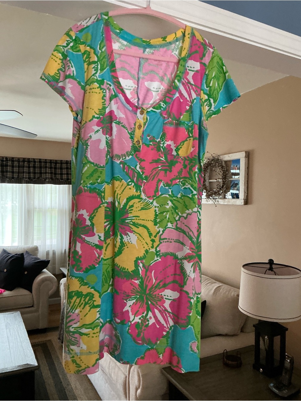 Women's Floral Short Sleeve Swim Cover-Up Dress - Pink Multi